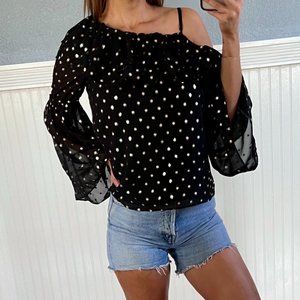 Parker Black Gold Metallic Polka Dot Ruffle One Shoulder Blouse Small